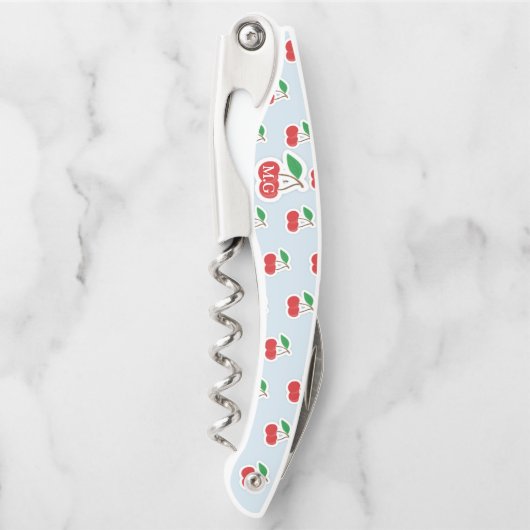 Cute Cherry Stems op Light Blue Monogram Kurkentrekker (Voorkant)