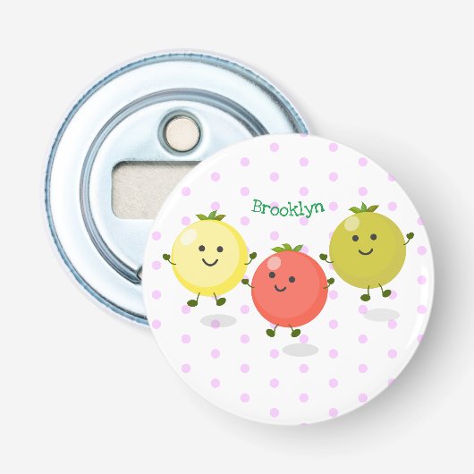 Cute cherry tomaten cartoon illustratie button flesopener (Voorkant)