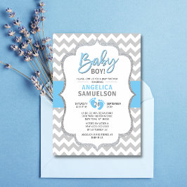 Cute Chevron Blue Gray Feet Baby shower BOY Kaart