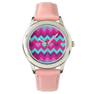 Cute Chevron Hearts Pink Blauwgroen Teen Girl Gift Horloge