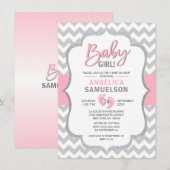 Cute Chevron Pink Grey Feet Baby shower GIRL Kaart (Voorkant / Achterkant)