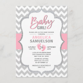 Cute Chevron Pink Grey Feet Baby shower GIRL Kaart