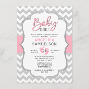 Cute Chevron Pink Grey Feet Baby shower GIRL Kaart