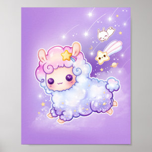 Cute chibi alpaca met kawaii vallende ster poster