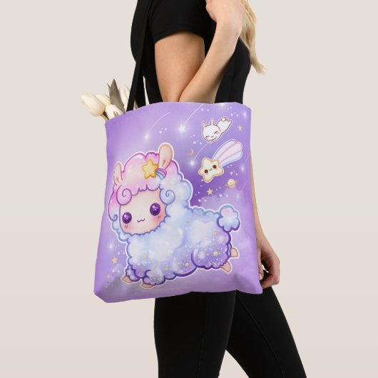 Cute chibi alpaca met kawaii vallende ster tote bag (Dichtbij)