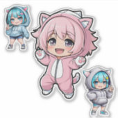 Cute Chibi Anime Cat Hoodie Girl Vinyl Sticker (Voorkant)