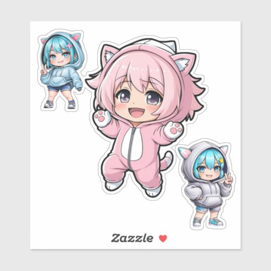Cute Chibi Anime Cat Hoodie Girl Vinyl Sticker (Vel)
