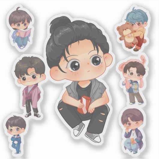Cute Chibi Anime Jongen Vinyl Sticker Set (Voorkant)