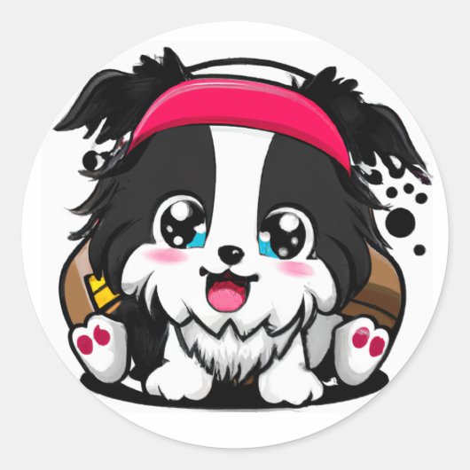 Cute Chibi Border Collie Puppy Ronde Sticker (Voorkant)