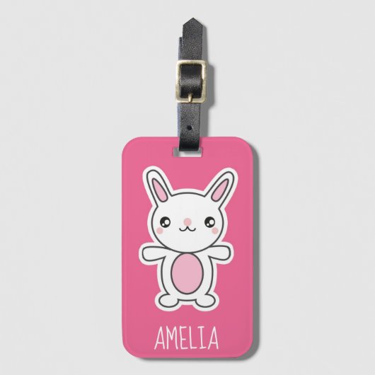 Cute Chibi Bunny Pink Personalized Bagagelabel (Voorkant (verticaal))