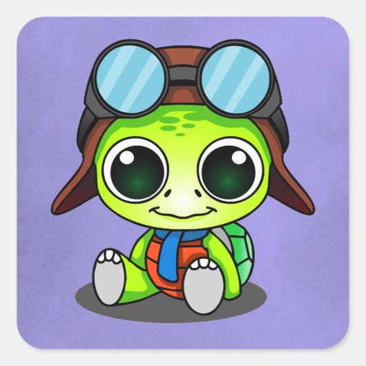 Cute Chibi Cartoon Turtle in Aviator Pet Vierkante Sticker (Voorkant)