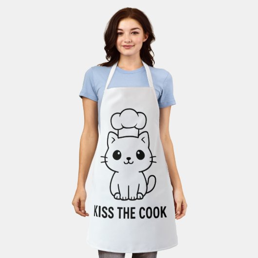 Cute Chibi Cat “Kiss the Cook” Apron – Funny Kitch Schort (Gedragen)
