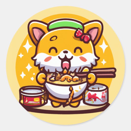 Cute Chibi Corgi Eating Ramen Noodles Ronde Sticker (Voorkant)