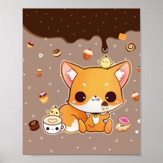 Cute chibi fox met kawaii-icecream poster