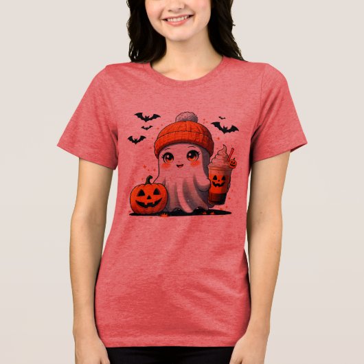 Cute Chibi Ghost with Beanie and Iced Coffee - Aut Tri-Blend Shirt (Voorkant)