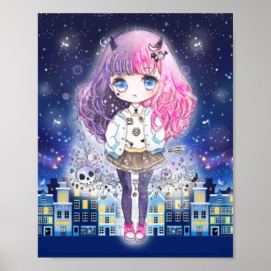 Cute chibi girl in een stad met sterren poster