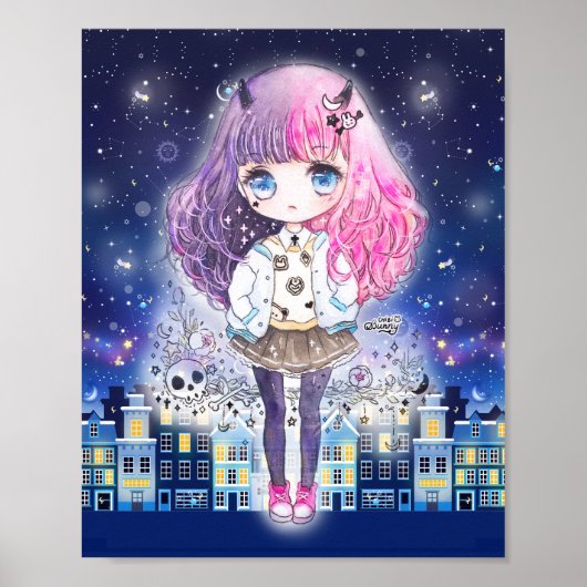 Cute chibi girl in een stad met sterren poster (Voorkant)