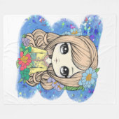 Cute Chibi Girl met blauwe Waterverf en glitter Fleece Deken (Voorkant (Horizontaal))