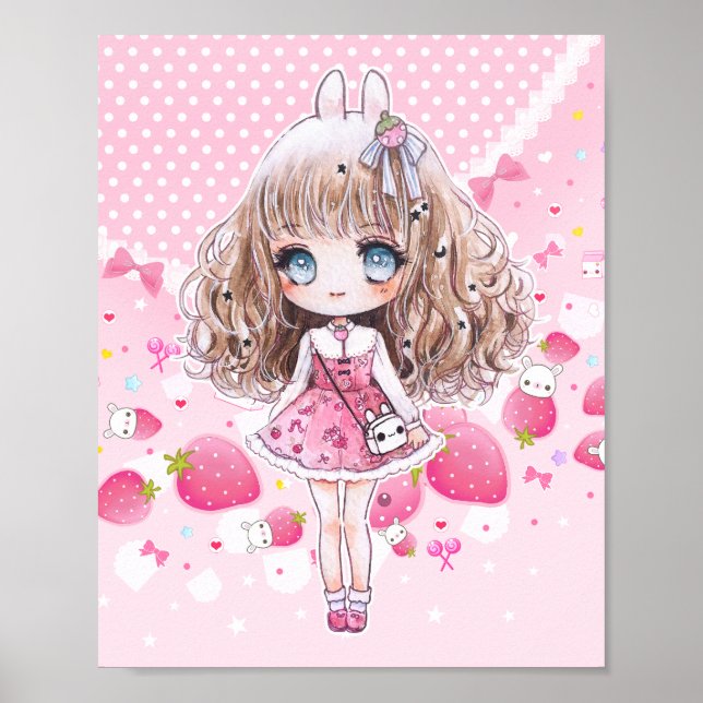 Cute chibi girl met kawaii aardbeien poster (Voorkant)