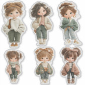 Cute Chibi Girl Sticker Sheet 6 Adorable Stickers (Voorkant)