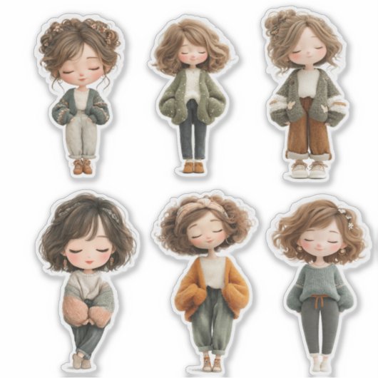 Cute Chibi Girl Sticker Sheet – Closed Eyes Poses (Voorkant)