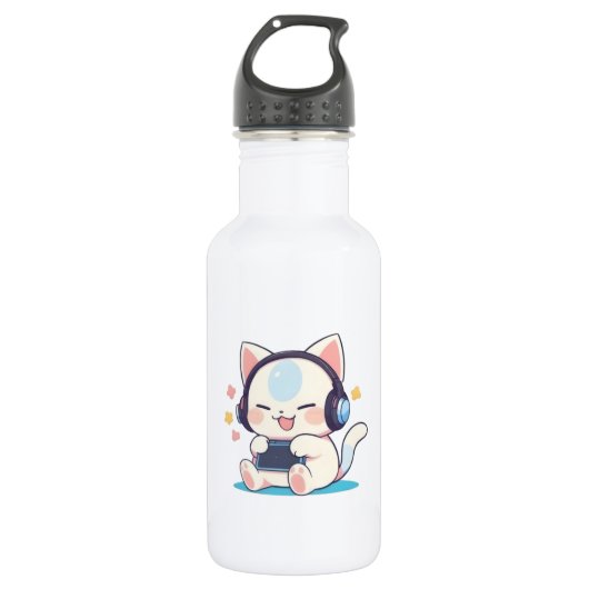Cute Chibi Kat Gaming Koptelefoon Draagbare Consol Waterfles (Voorkant)