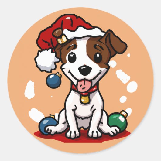 Cute Chibi Kawaii Jack Russell Terrier Kerstmis Ronde Sticker (Voorkant)