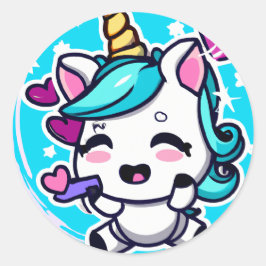 Cute Chibi Kawaii Unicorn Blue Roze Hearts Ronde Sticker