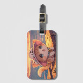 Cute Chibi Kitten at the Harbor Sunset – Whimsical Bagagelabel (Voorkant (verticaal))