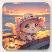 Cute Chibi Kitten at the Harbor Sunset – Whimsical Bier Onderzetter (Voorkant)