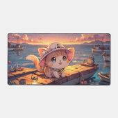 Cute Chibi Kitten at the Harbor Sunset – Whimsical Bureaumat (Voorkant)