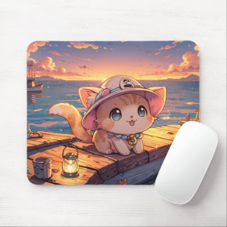 Cute Chibi Kitten at the Harbor Sunset – Whimsical Muismat
