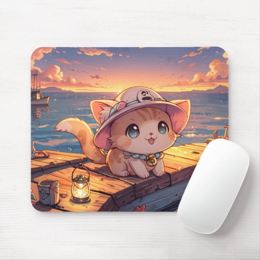 Cute Chibi Kitten at the Harbor Sunset – Whimsical Muismat (Met muis)