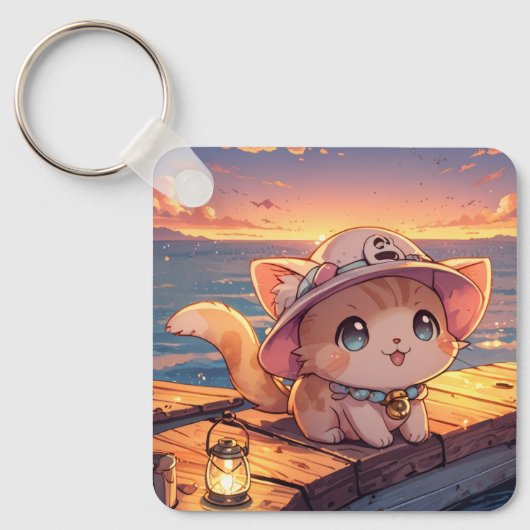 Cute Chibi Kitten at the Harbor Sunset – Whimsical Sleutelhanger (Voorkant)