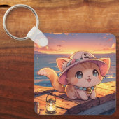 Cute Chibi Kitten at the Harbor Sunset – Whimsical Sleutelhanger (Voorkant)