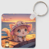 Cute Chibi Kitten at the Harbor Sunset – Whimsical Sleutelhanger (Achterkant)