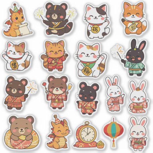 Cute Chibi Lunar New Year Animals Vinyl Stickers (Voorkant)