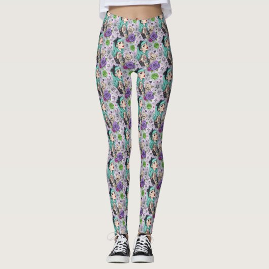 Cute Chibi Meisje & Bloemmotief Leggings (Voorkant)