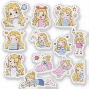 Cute Chibi Meisje Emoties Vinyl Sticker Set