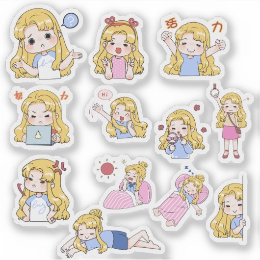 Cute Chibi Meisje Emoties Vinyl Sticker Set (Voorkant)