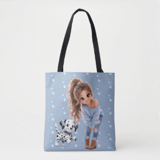 Cute Chibi Meisje & Puppy Boodschappentas Tote Bag