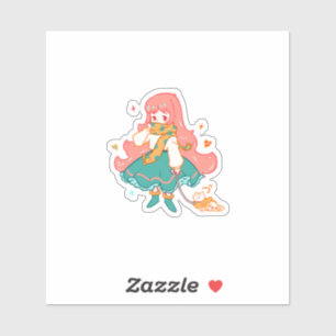 Cute Chibi Pastel Anime Meisje met Kat Vinyl  Sticker