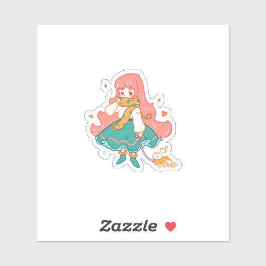 Cute Chibi Pastel Anime Meisje met Kat Vinyl Sticker (Vel)