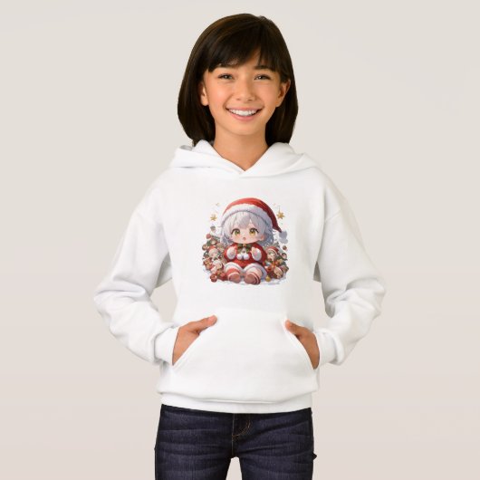 Cute Chibi Santa Girls' Christmas Pullover Hoodie (Voorkant volledig)