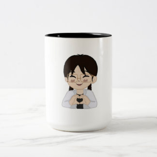 Cute Chibi Self-Portrait with Heart Hands Mug Tweekleurige Koffiemok