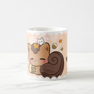 Cute chibi squirrel met kawaii kastanje koffiemok