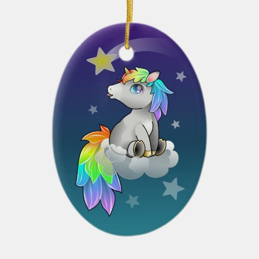 Cute Chibi Unicorn, Rainbow en Stars ornament (Voorkant)