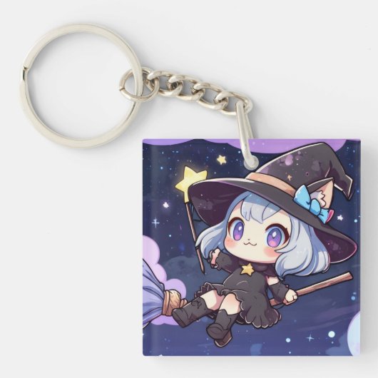 Cute Chibi Witch Flying in the Night Sky Sleutelhanger (voorkant)