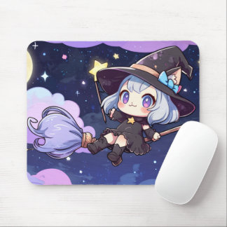 Cute Chibi Witch Flying in the Night Sky – Whimsic Muismat