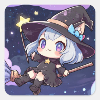 Cute Chibi Witch Flying in the Night Sky – Whimsic Vierkante Sticker